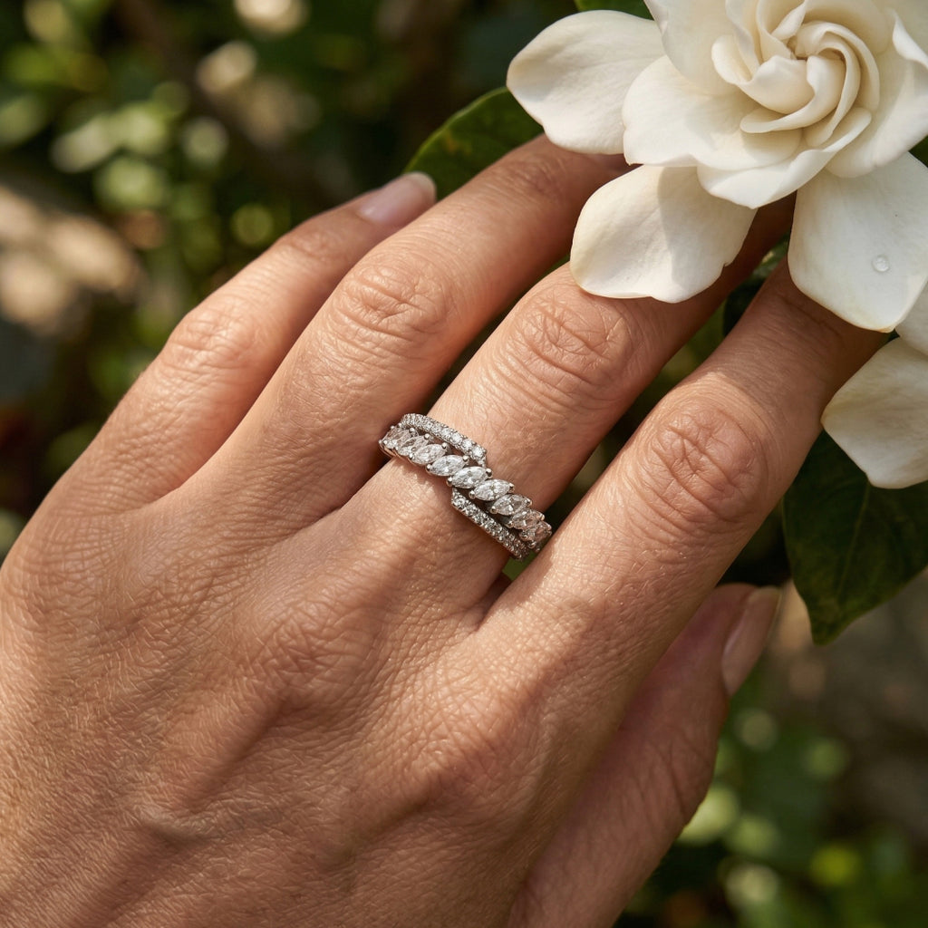 Pointed Oval Fan Stone Band Ring 925 Silver