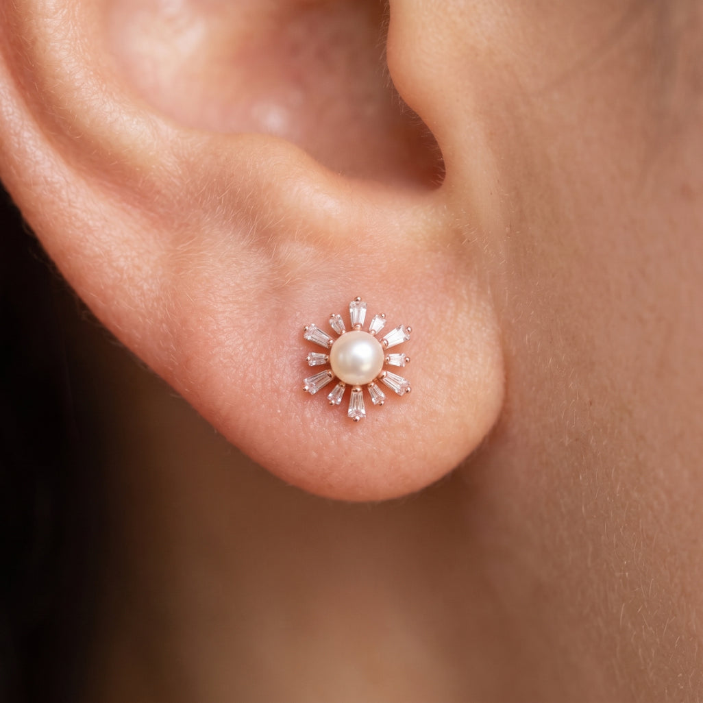 Pearl Sun Baguette Studs