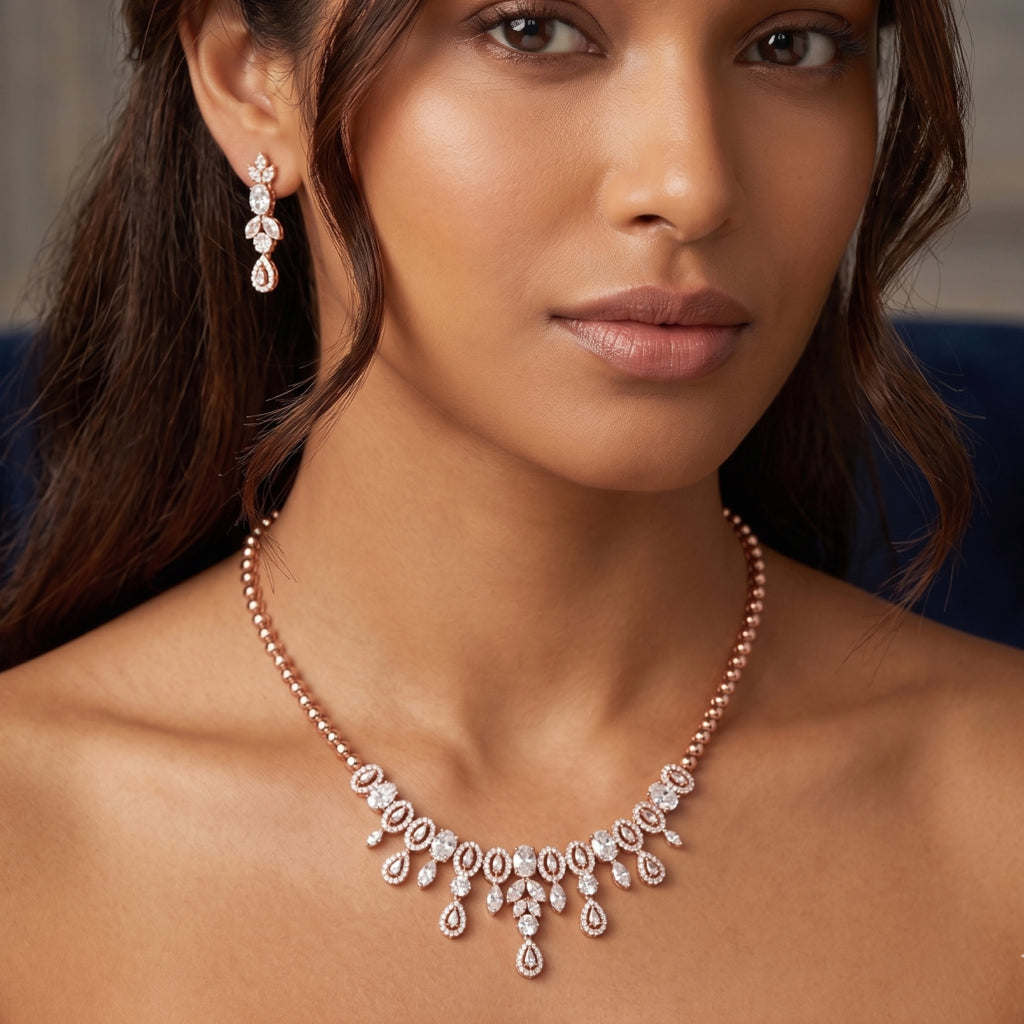 Rose Bloom Fringe Necklace & Earring Set