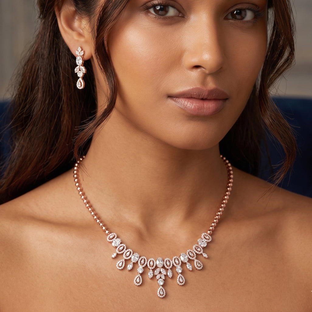 Rose Bloom Fringe Necklace & Earring Set