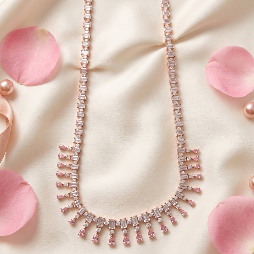 Pink & White Moissanite Fringe Necklace