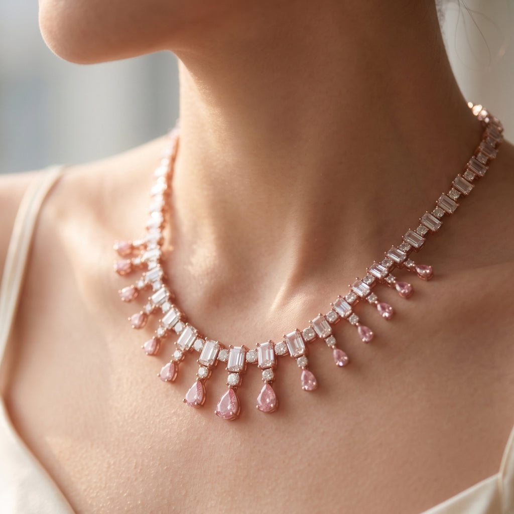 Pink & White Moissanite Fringe Necklace