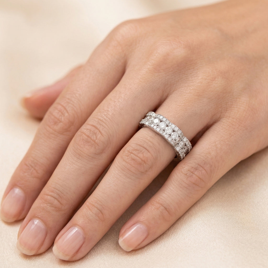 Three Row Wide Stone Band Ring 925 Silver
