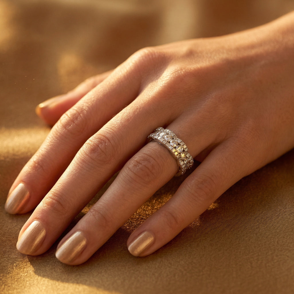 Three Row Wide Stone Band Ring 925 Silver