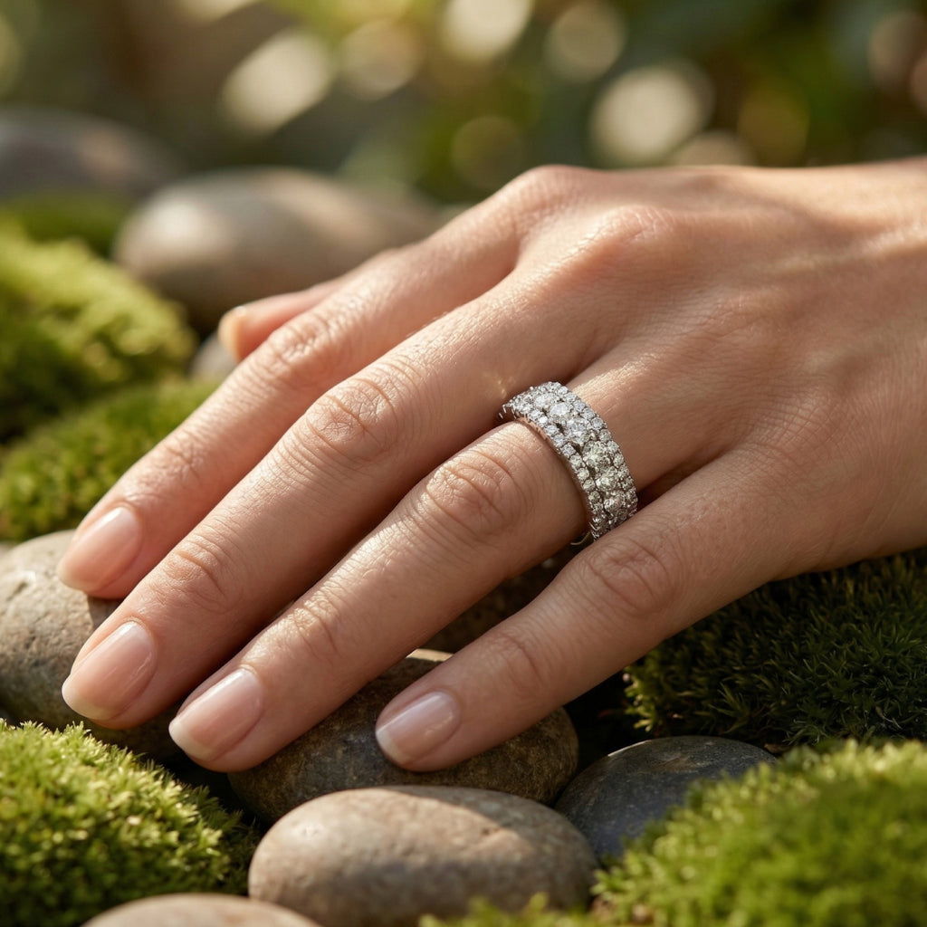Three Row Wide Stone Band Ring 925 Silver