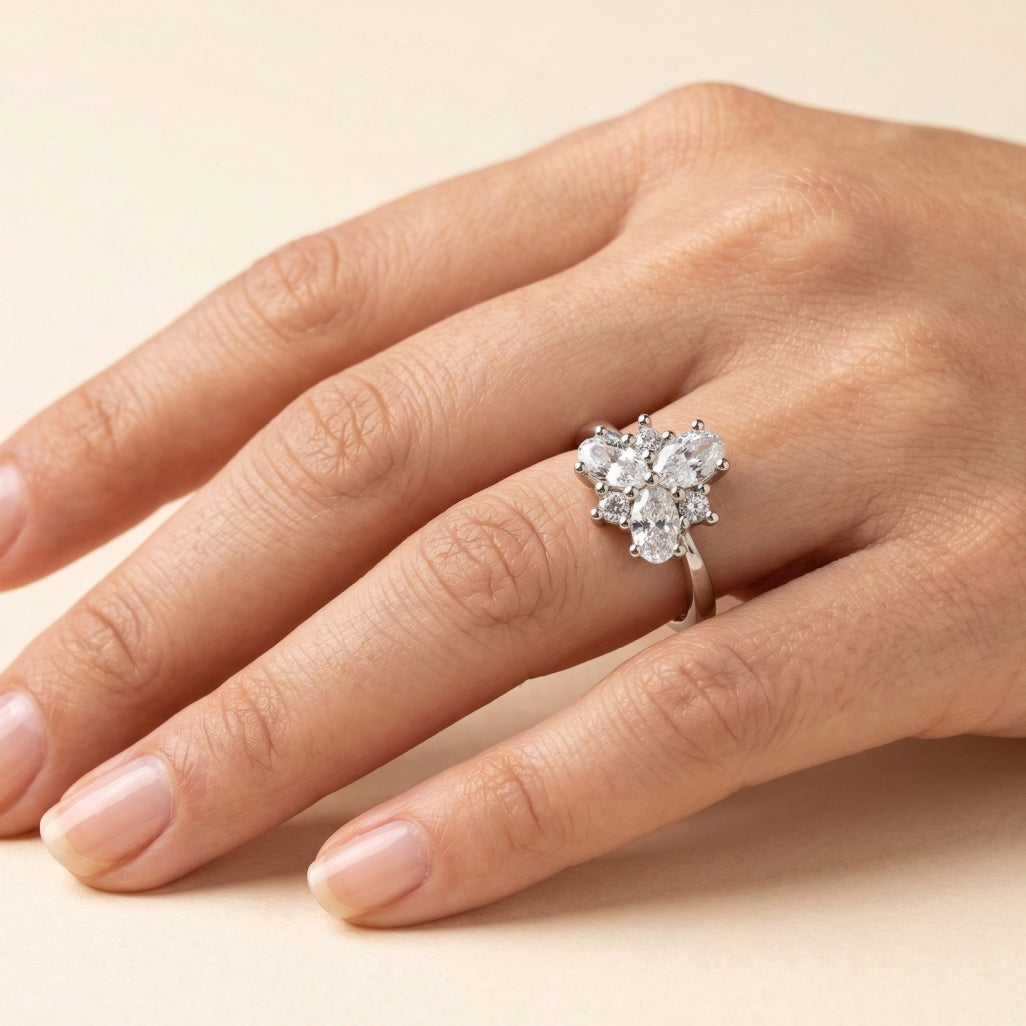 Flower Cluster Halo Ring 925 Silver