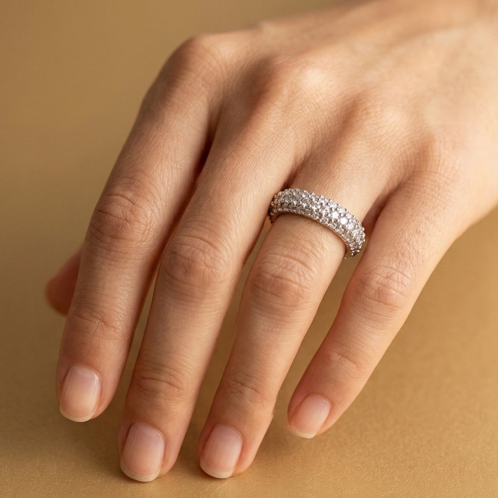 Dome Stone Band Ring 925 Silver Triple Row