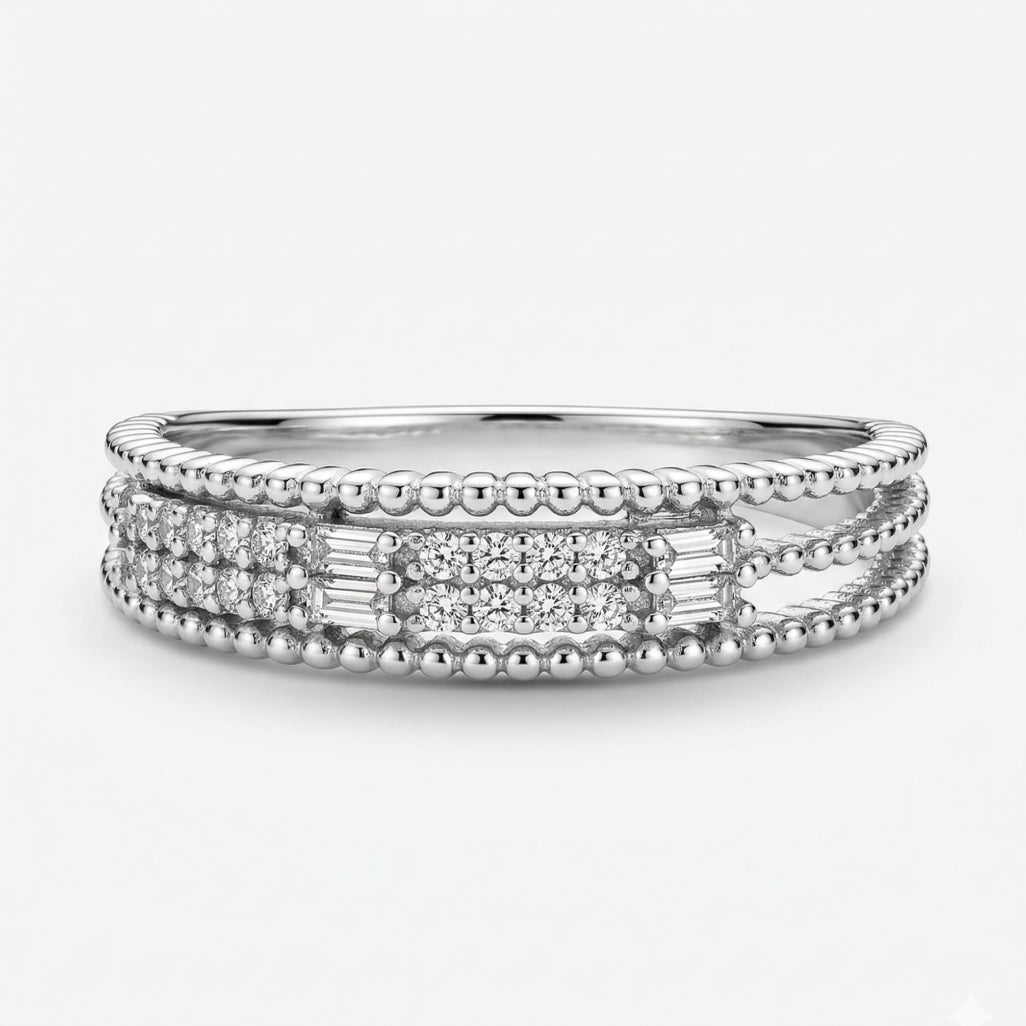Leaf-Cut Step-Cut Double Row Band Ring