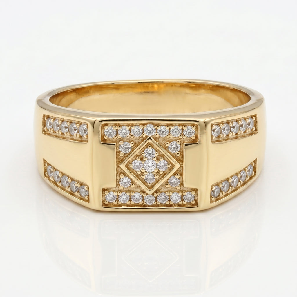 Diamond Frame I-Bar Shoulder Signet Ring 18k gold vermeil