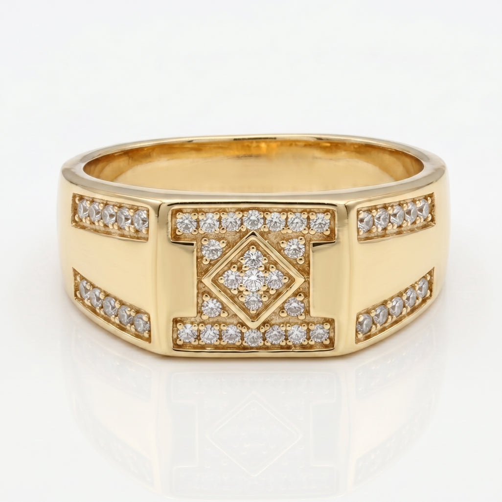 Diamond Frame I-Bar Shoulder Signet Ring 18k gold vermeil