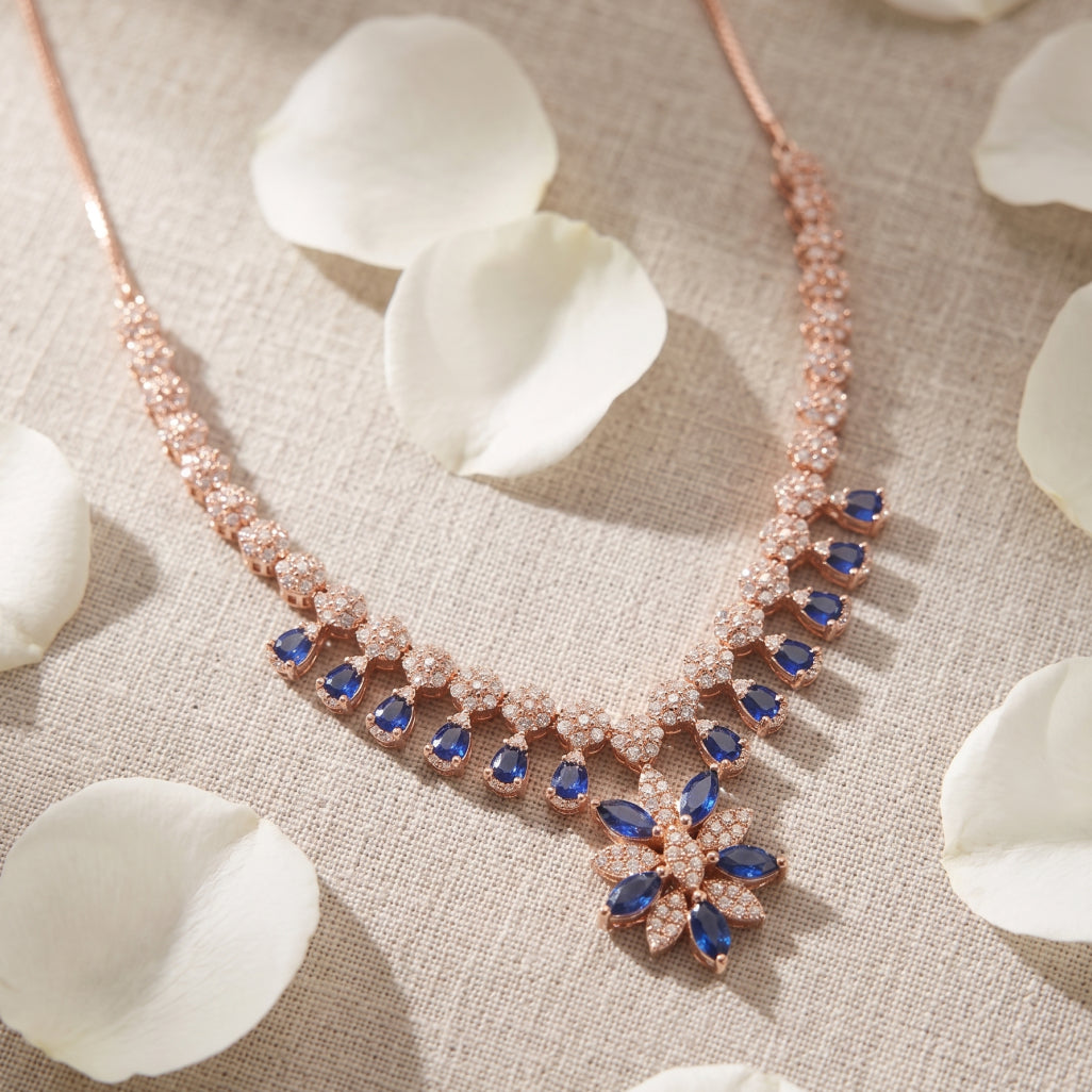 Blue & White Moissanite Flower Necklace Set