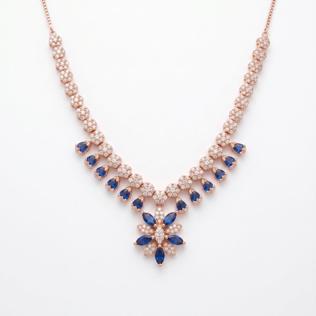 Blue & White Moissanite Flower Necklace Set