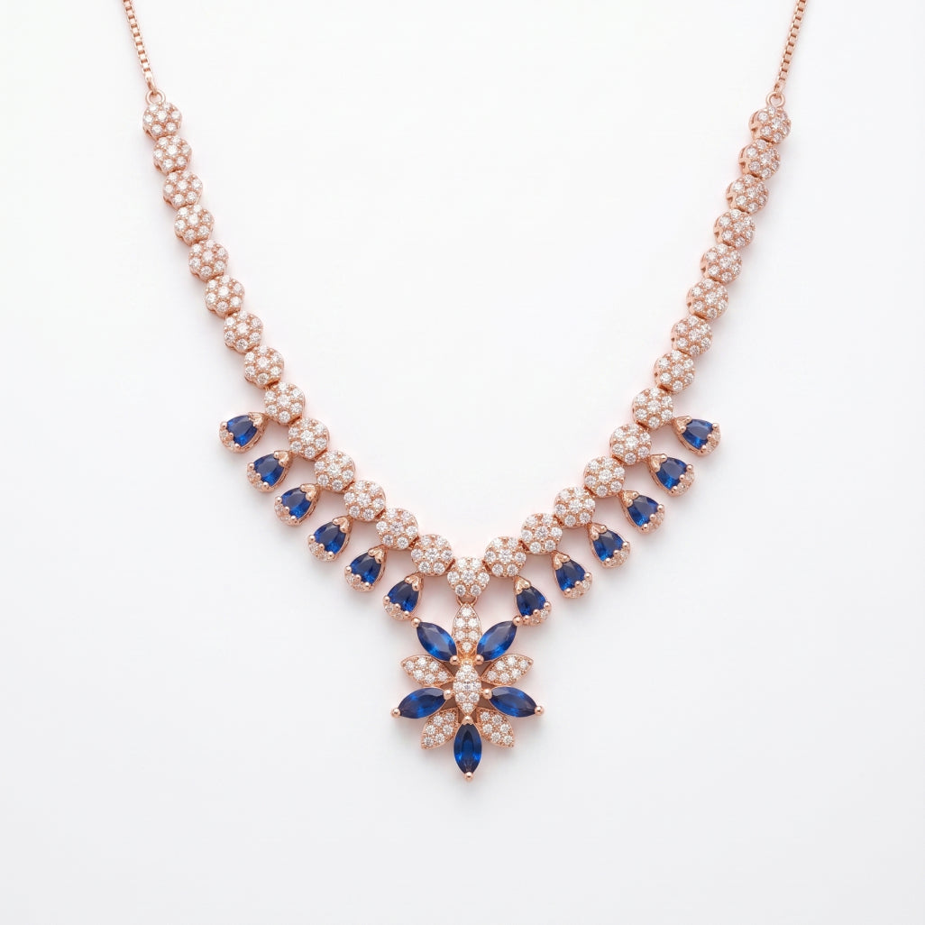 Blue & White Moissanite Flower Necklace Set