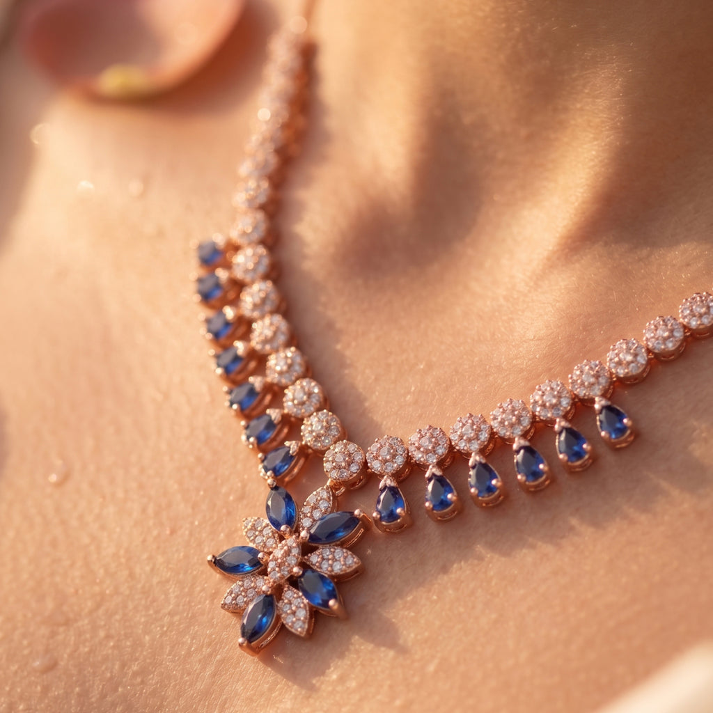Blue & White Moissanite Flower Necklace Set