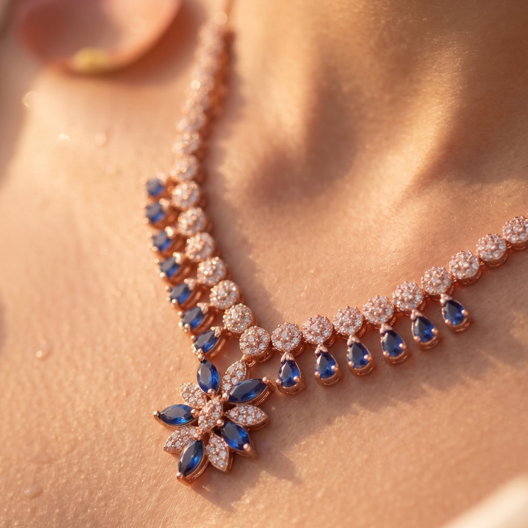 Blue & White Moissanite Flower Necklace Set