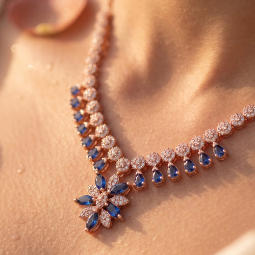 Blue & White Moissanite Flower Necklace Set