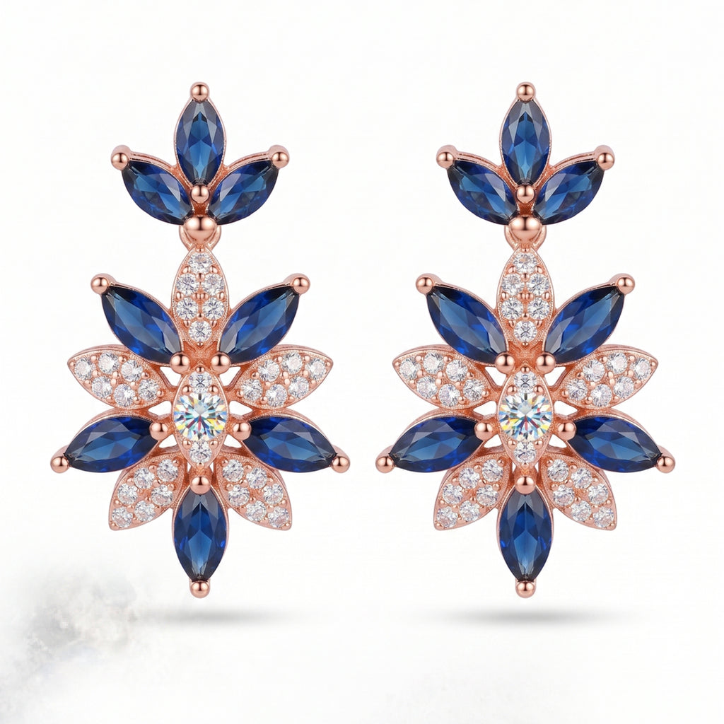 Blue & White Moissanite Flower Necklace Set