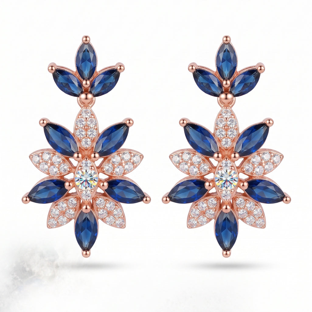 Blue & White Moissanite Flower Necklace Set