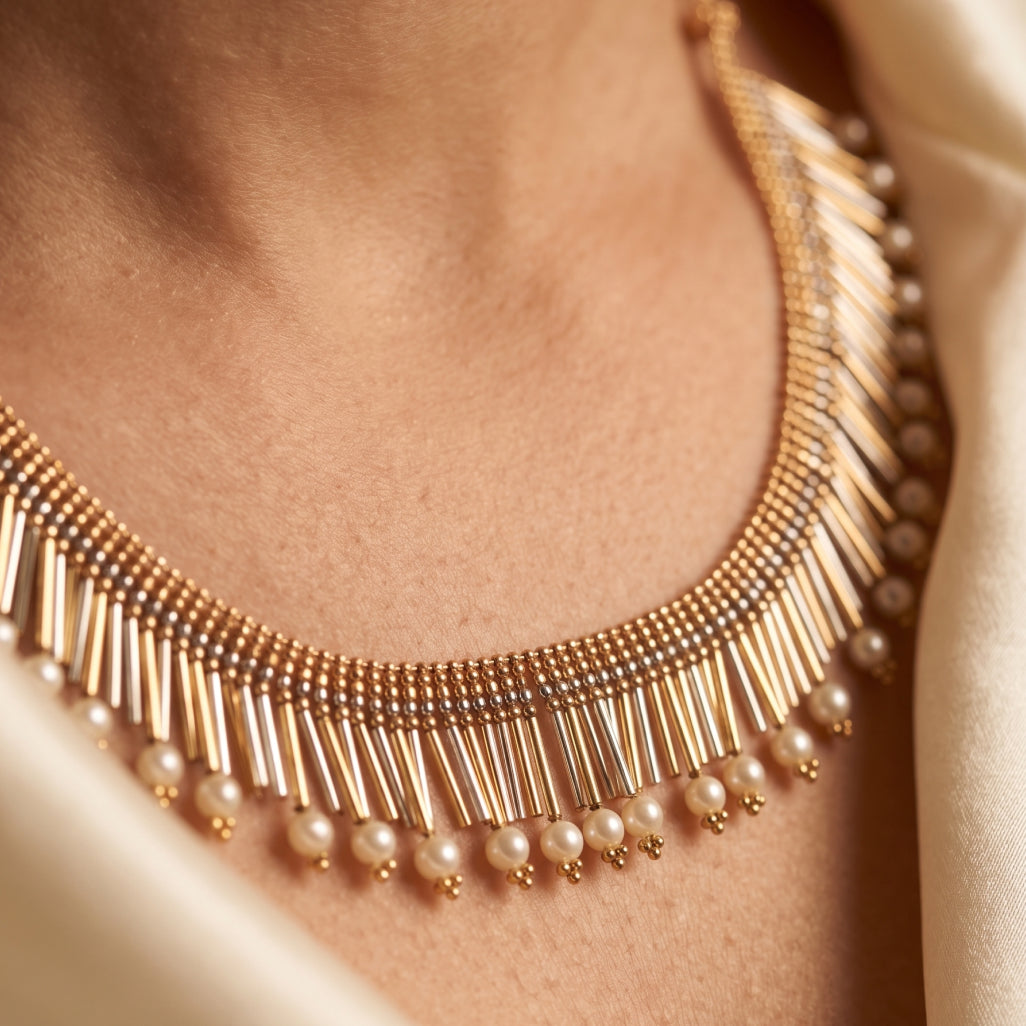 Pearl & Gold Bar Fringe Necklace Set