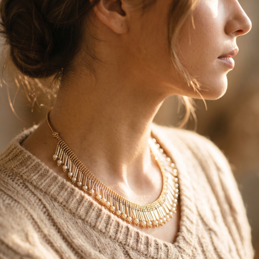 Pearl & Gold Bar Fringe Necklace Set
