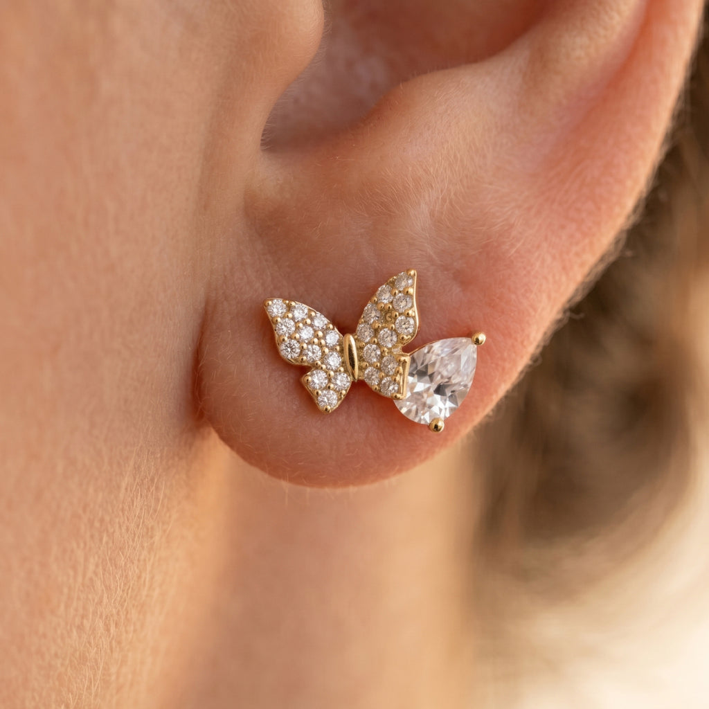 Gold Butterfly Pave Stud Earrings