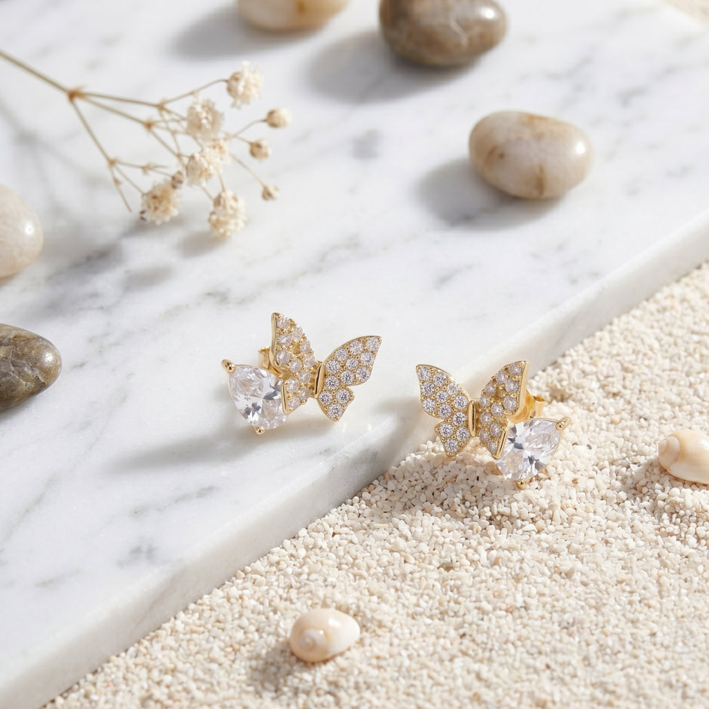 Gold Butterfly Pave Stud Earrings