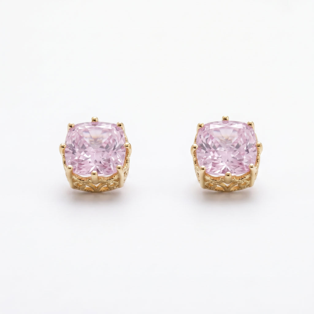 Gold Filigree Cushion Pink Stone Stud Earrings