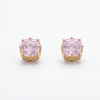 Gold Filigree Cushion Pink Stone Stud Earrings