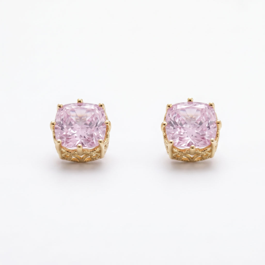 Gold Filigree Cushion Pink Stone Stud Earrings