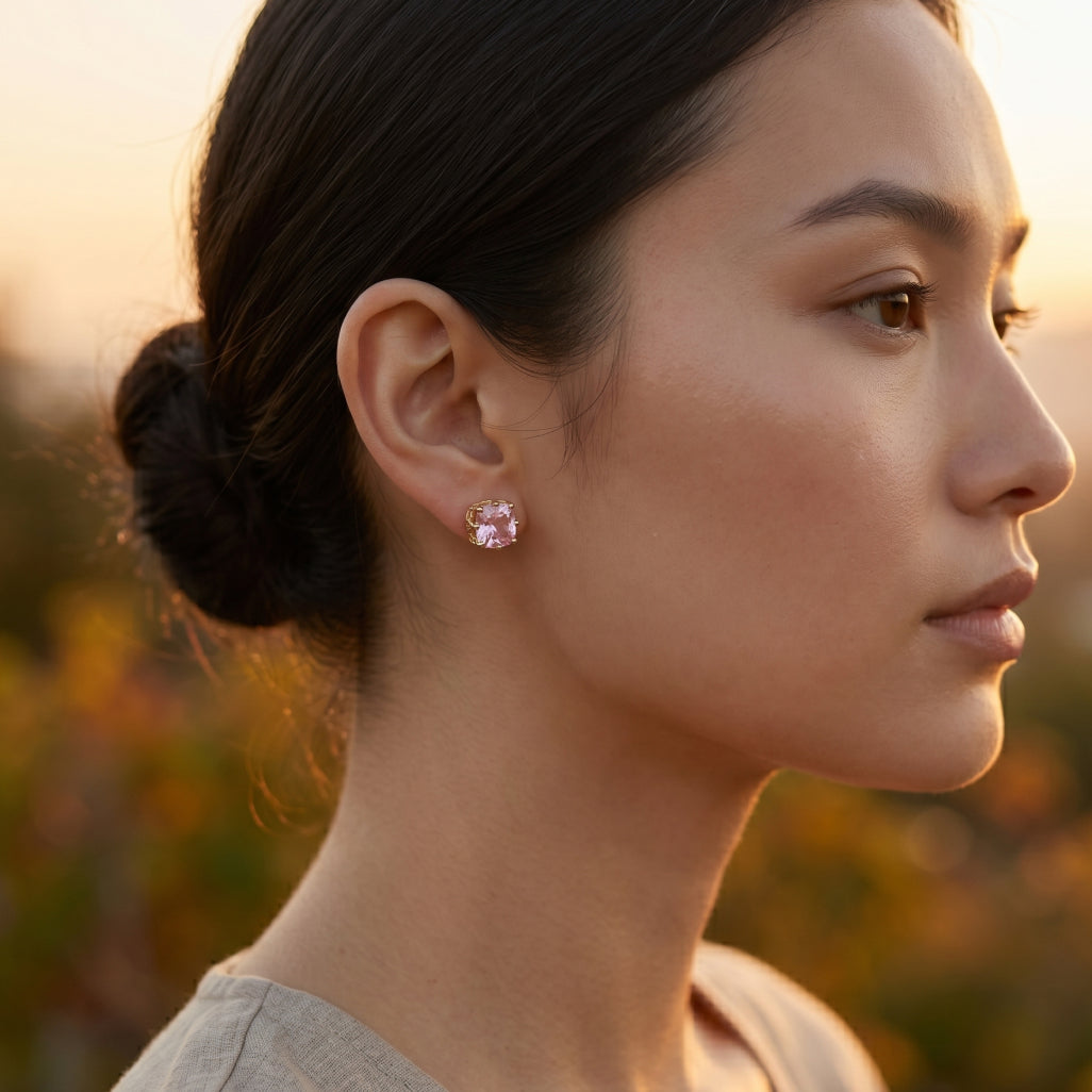 Gold Filigree Cushion Pink Stone Stud Earrings