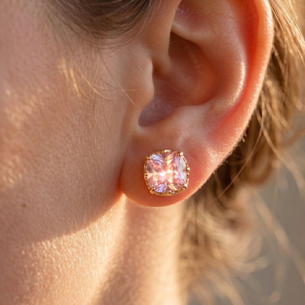 Gold Filigree Cushion Pink Stone Stud Earrings