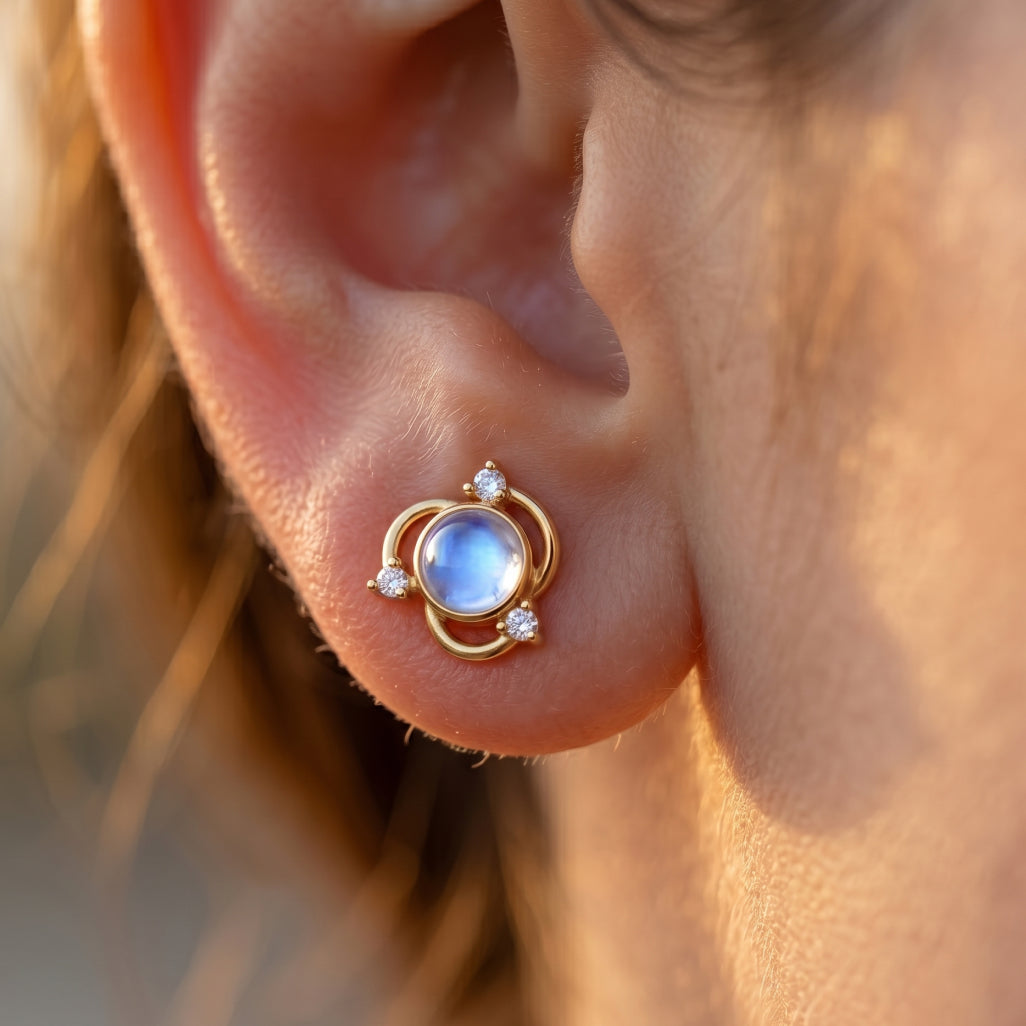 Gold Orbit Moonstone Stud Earrings