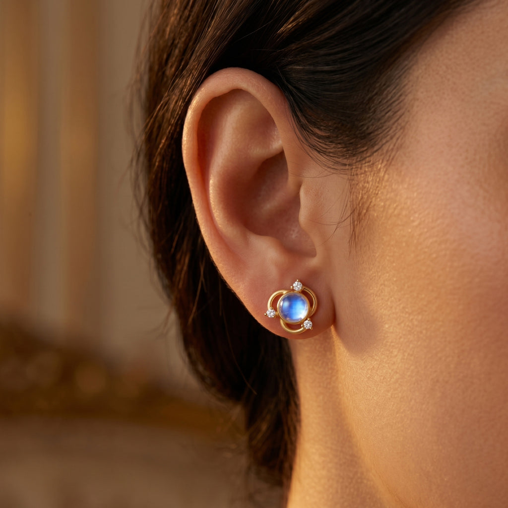 Gold Orbit Moonstone Stud Earrings