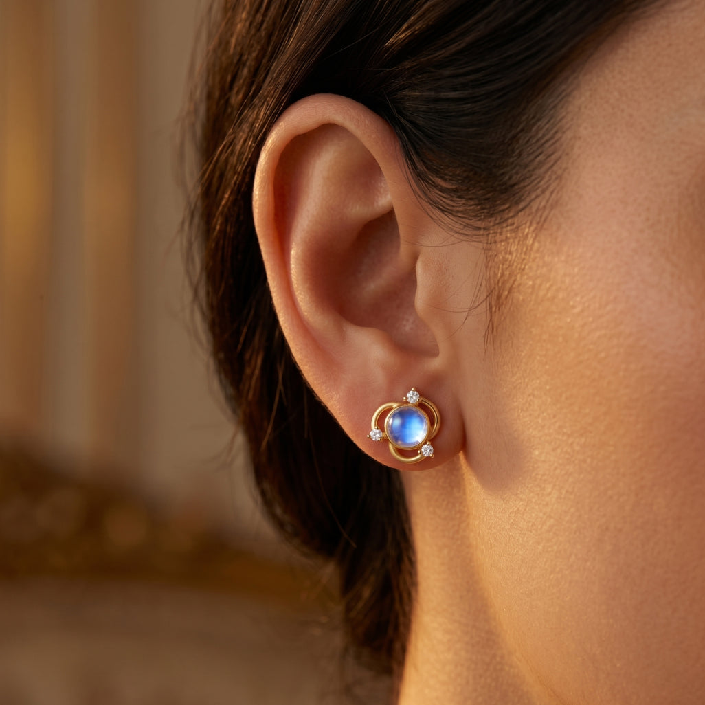 Gold Orbit Moonstone Stud Earrings