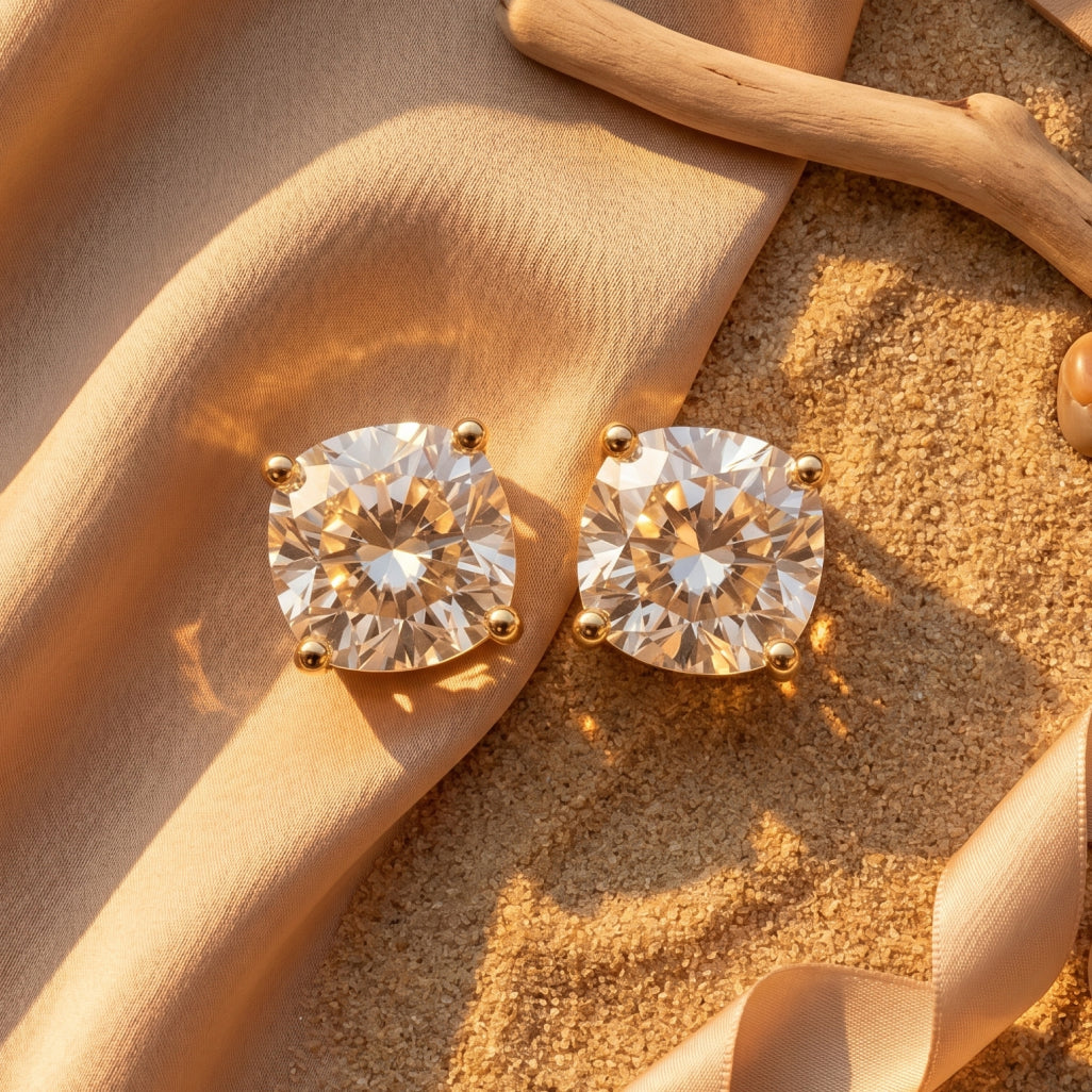 Gold Solitaire Round Stud Earrings