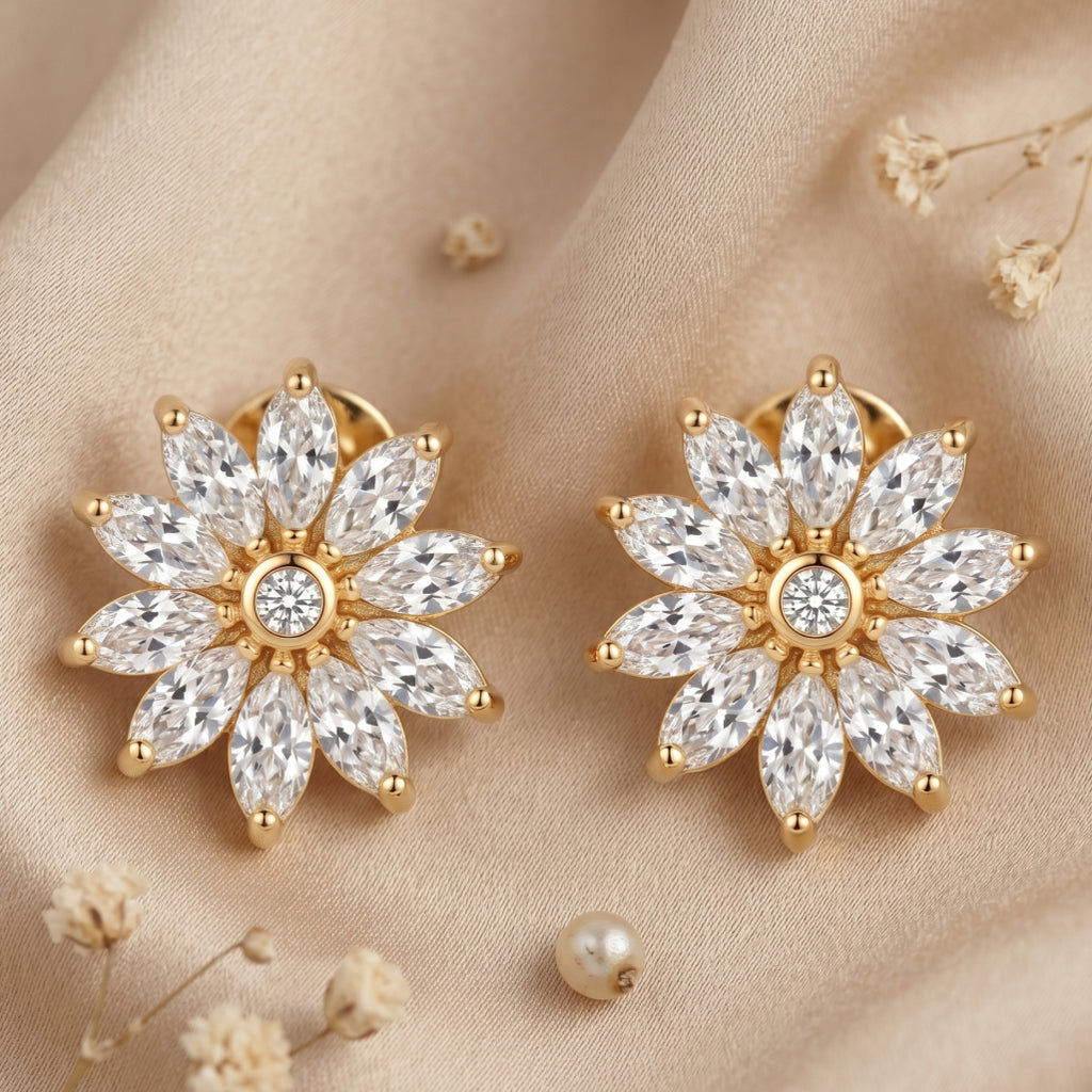 Gold Marquise Sunflower Stud Earrings