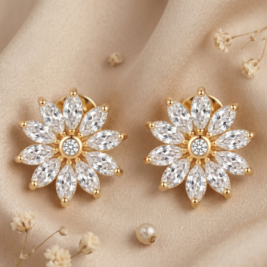 Gold Marquise Sunflower Stud Earrings