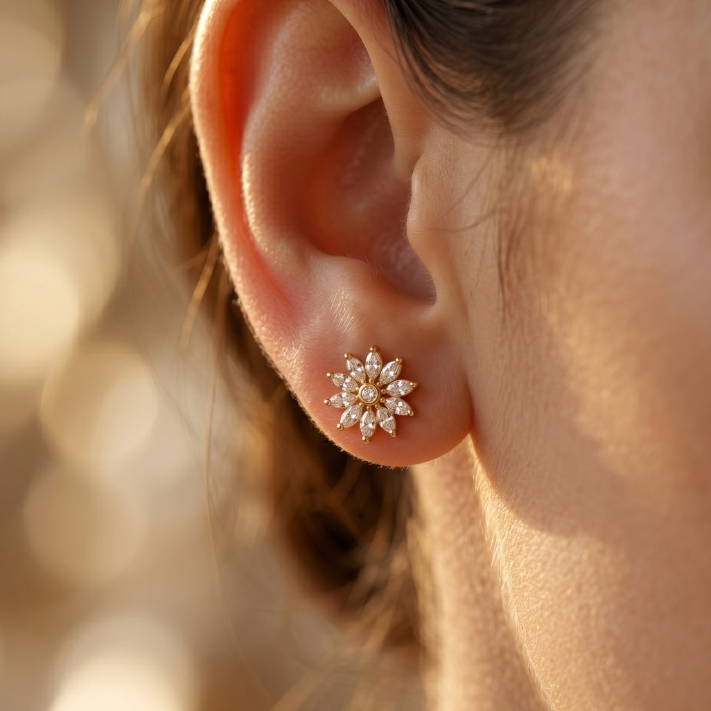 Gold Marquise Sunflower Stud Earrings