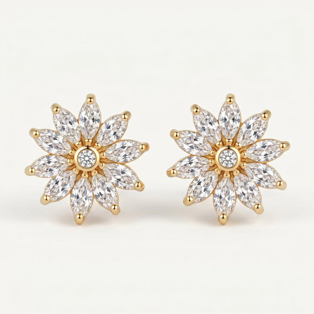 Gold Marquise Sunflower Stud Earrings