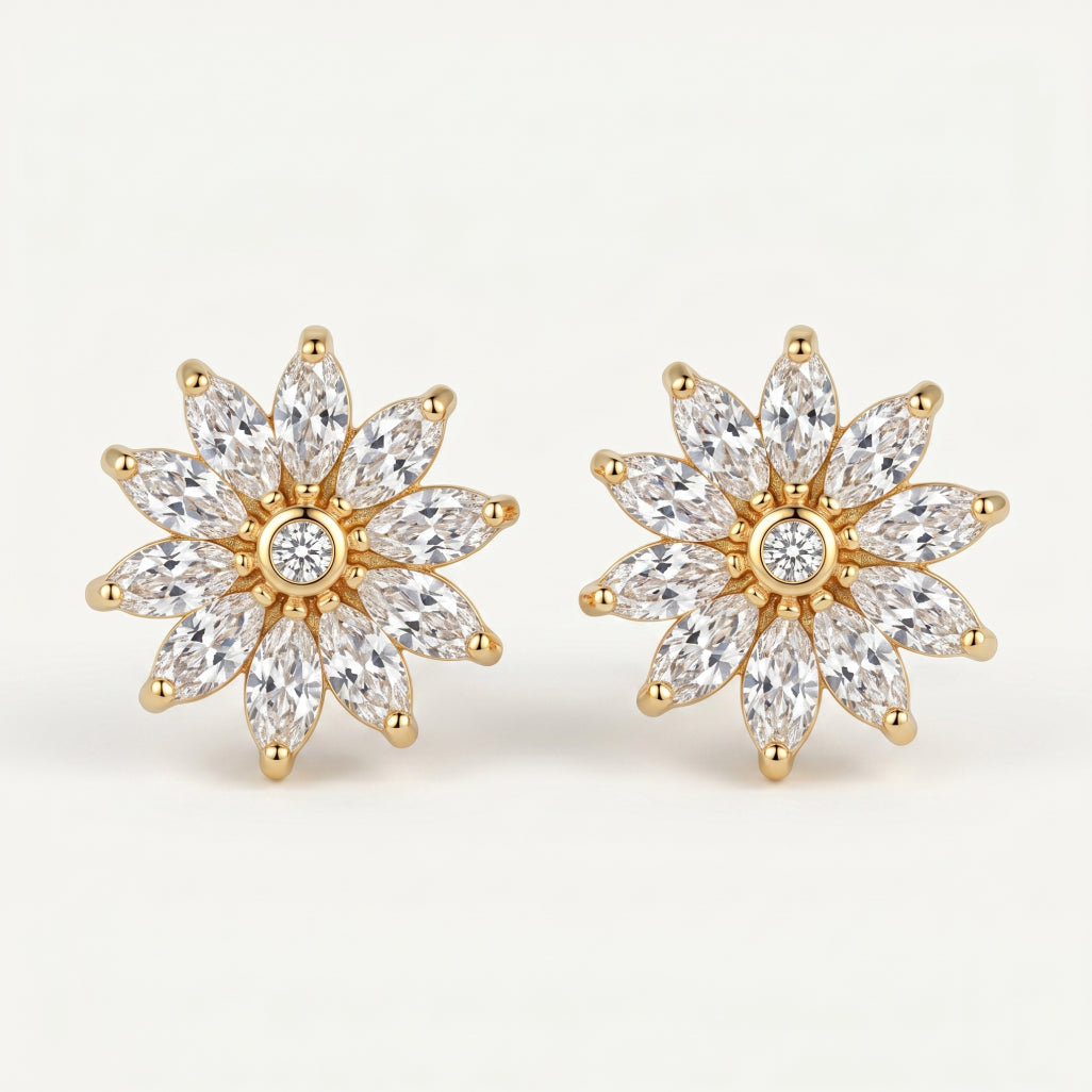 Gold Marquise Sunflower Stud Earrings