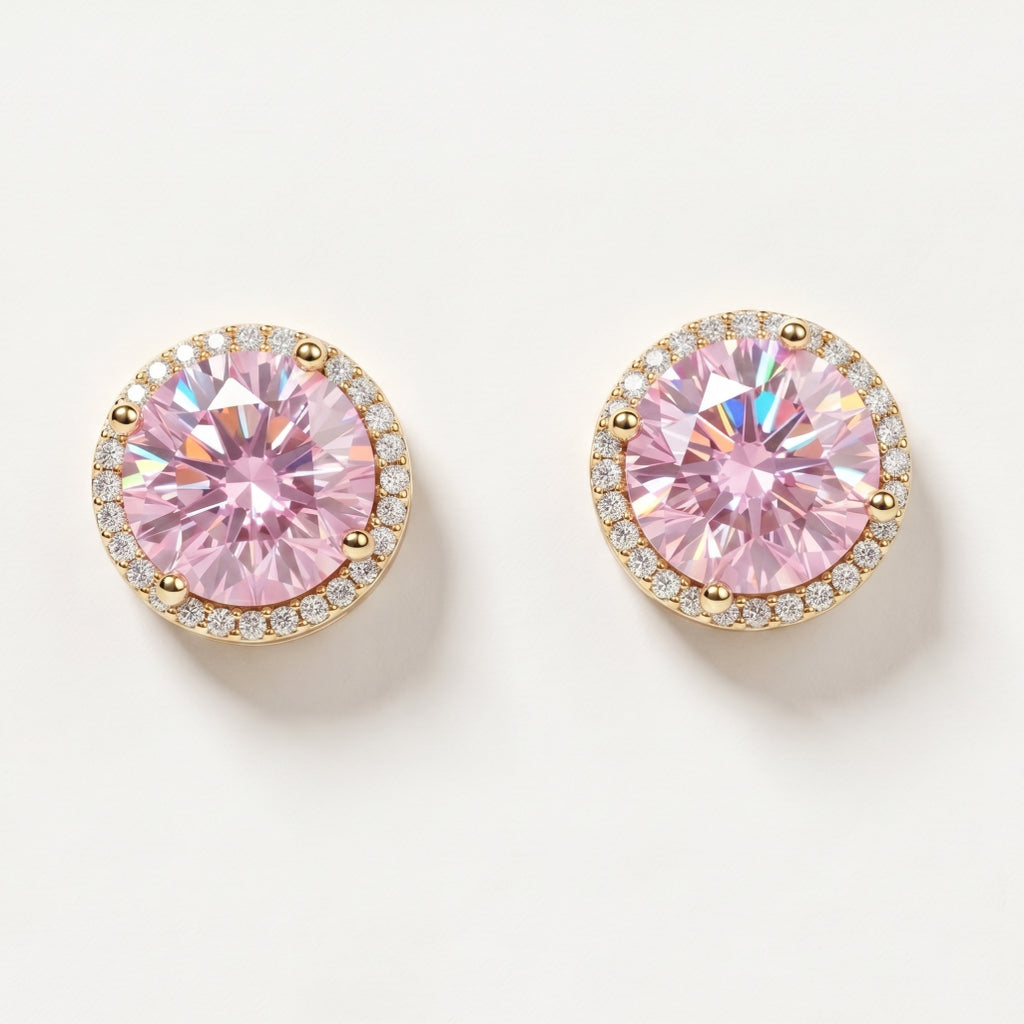 Gold Halo Pink Round Stud Earrings