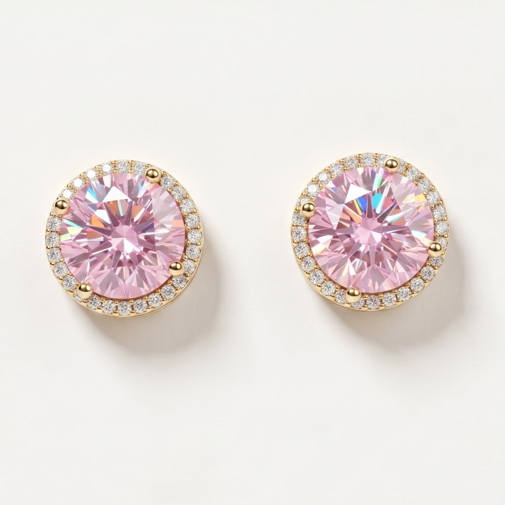 Gold Halo Pink Round Stud Earrings
