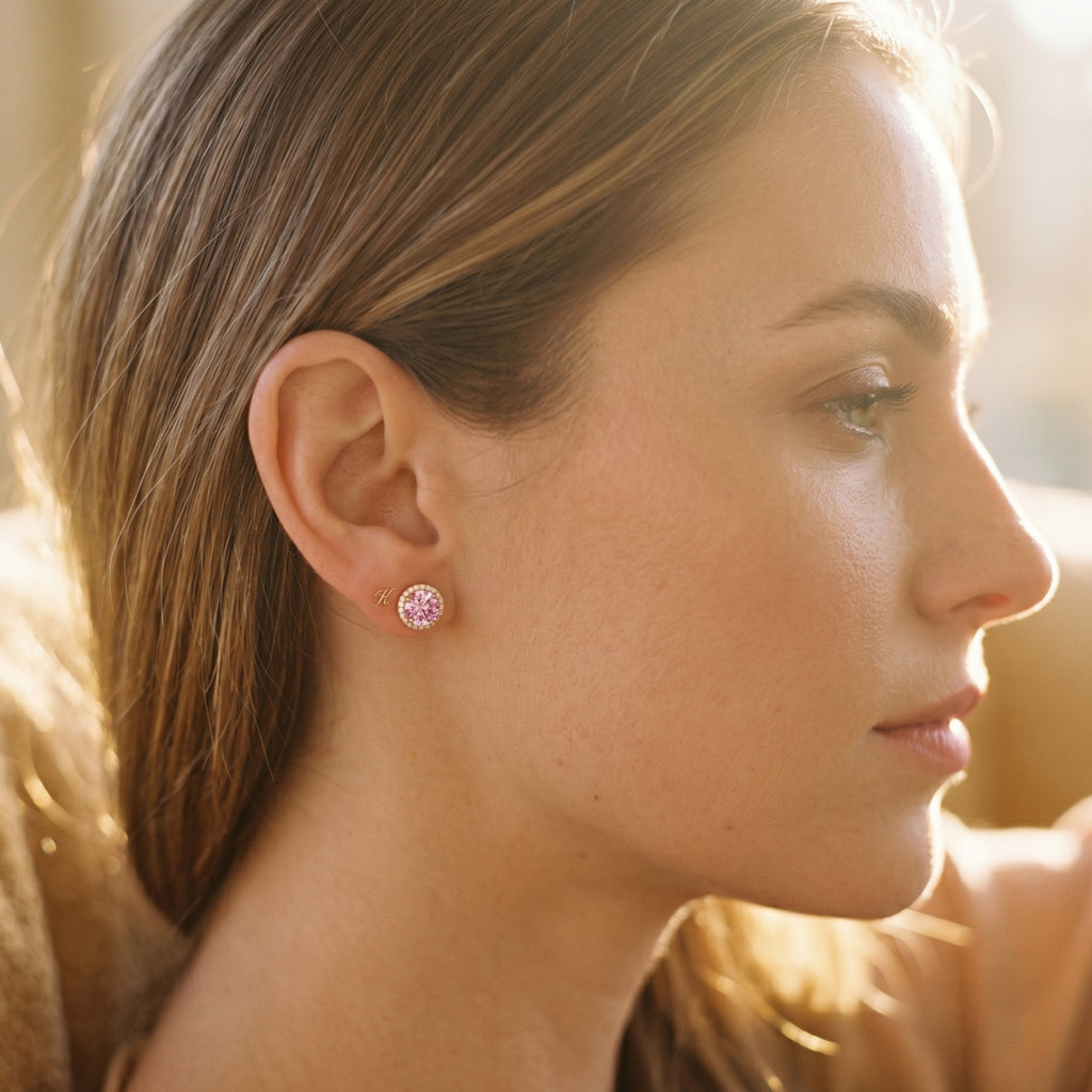 Gold Halo Pink Round Stud Earrings