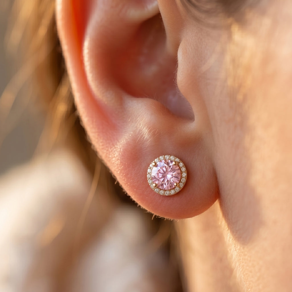 Gold Halo Pink Round Stud Earrings