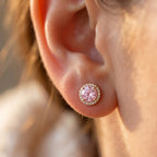 Gold Halo Pink Round Stud Earrings