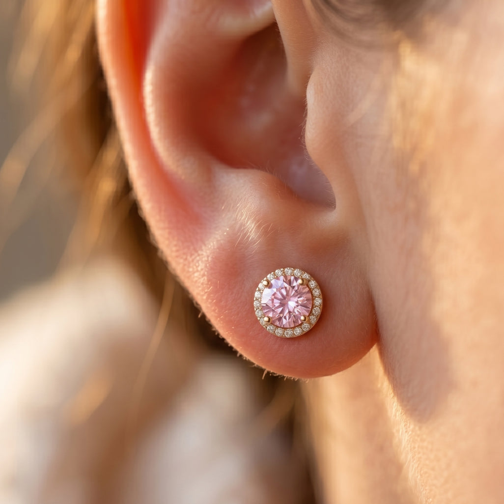Gold Halo Pink Round Stud Earrings