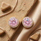 Gold Halo Pink Round Stud Earrings