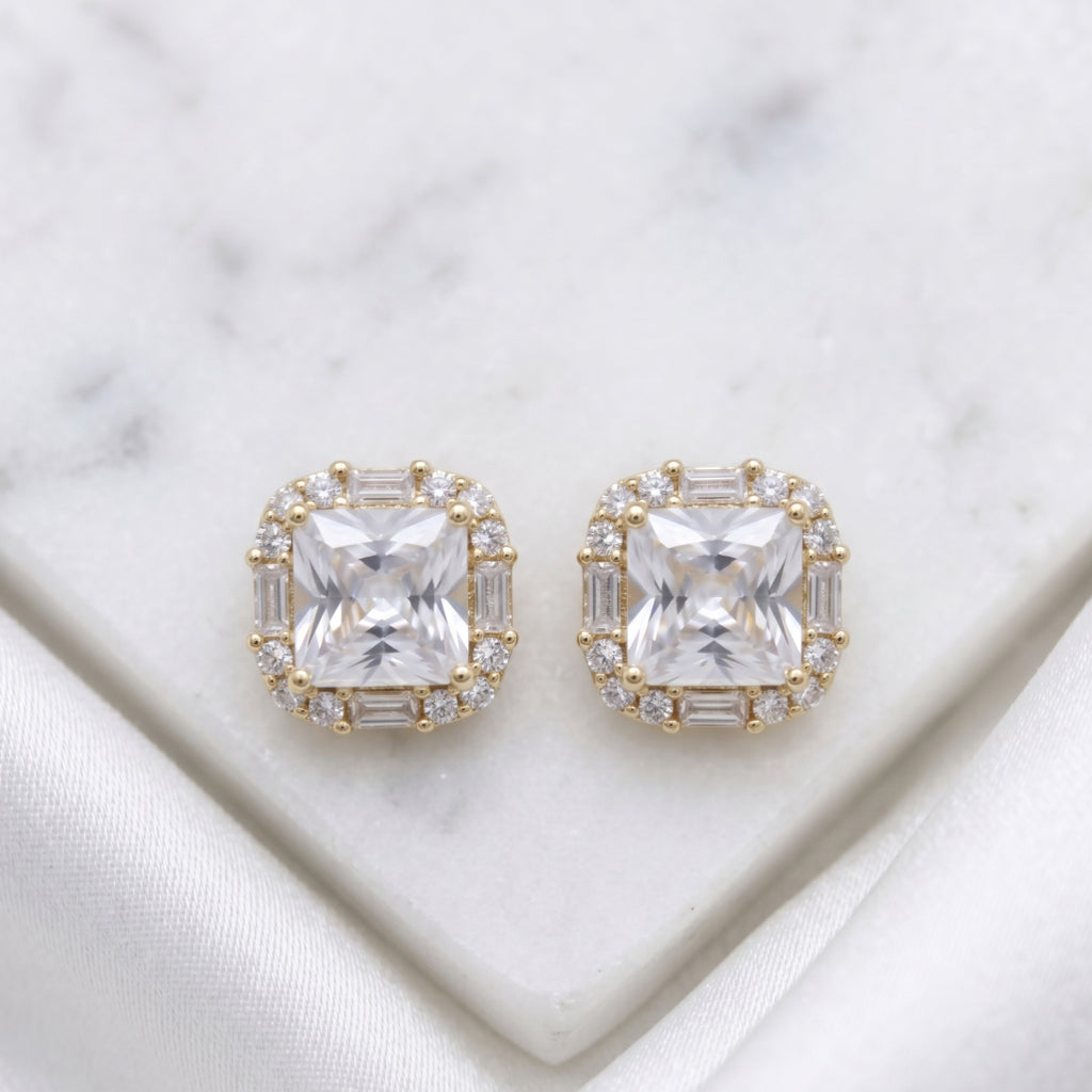 Gold Princess Baguette Halo Stud Earrings