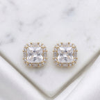 Gold Princess Baguette Halo Stud Earrings