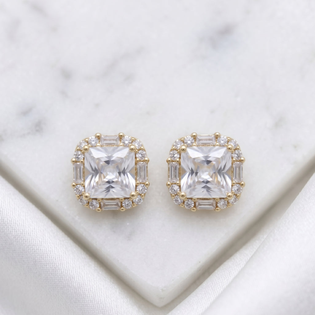 Gold Princess Baguette Halo Stud Earrings